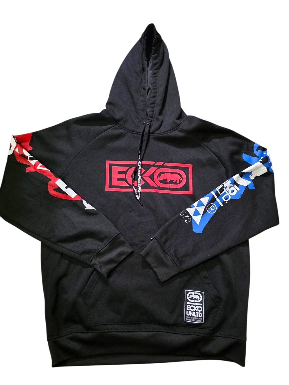 Ecko Unltd Black Graphic Hoodie XL Streetwear Y2K Pullover Sweatshirt Vintage